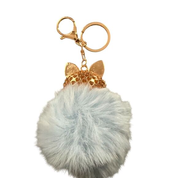 Multicolor Rhinestone Faux Fur blue Pom Pom Keychain - Picture 3 of 3